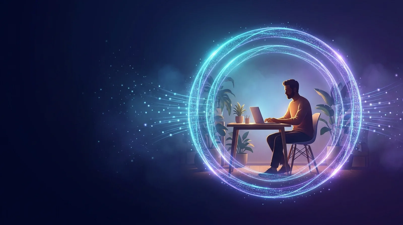 A small-business owner working at a laptop inside glowing protective rings