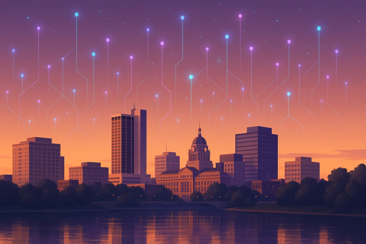The Fort Wayne, Indiana downtown skyline at dusk with a subtle AI network rising from the city — affordable AI and AEO for Northeast Indiana small businesses.