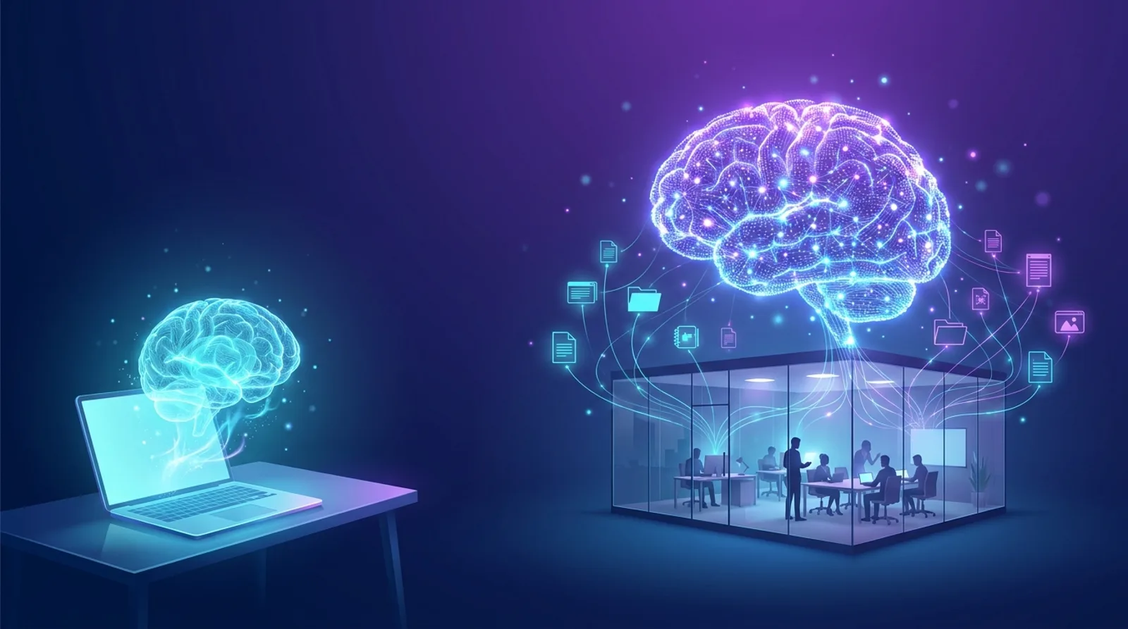 A personal AI brain over one laptop next to a larger company brain connected to a whole team