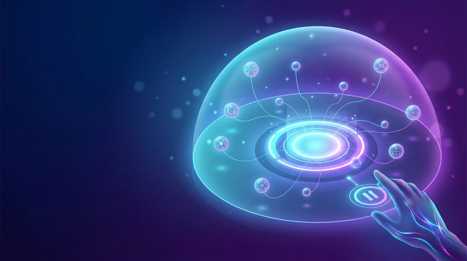 AI agents orbiting a central core under a shield, with a hand near a pause button