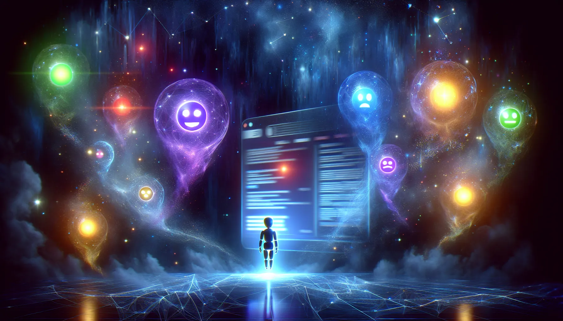 A small figure standing in front of a browser window, surrounded by glowing AI assistant bubbles
