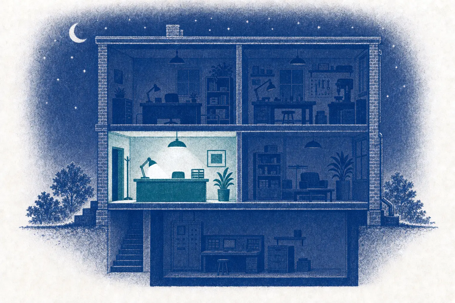 Print-style cutaway of a small business building at night: every room is dark except the front office, lit and in order, the first job to fix
