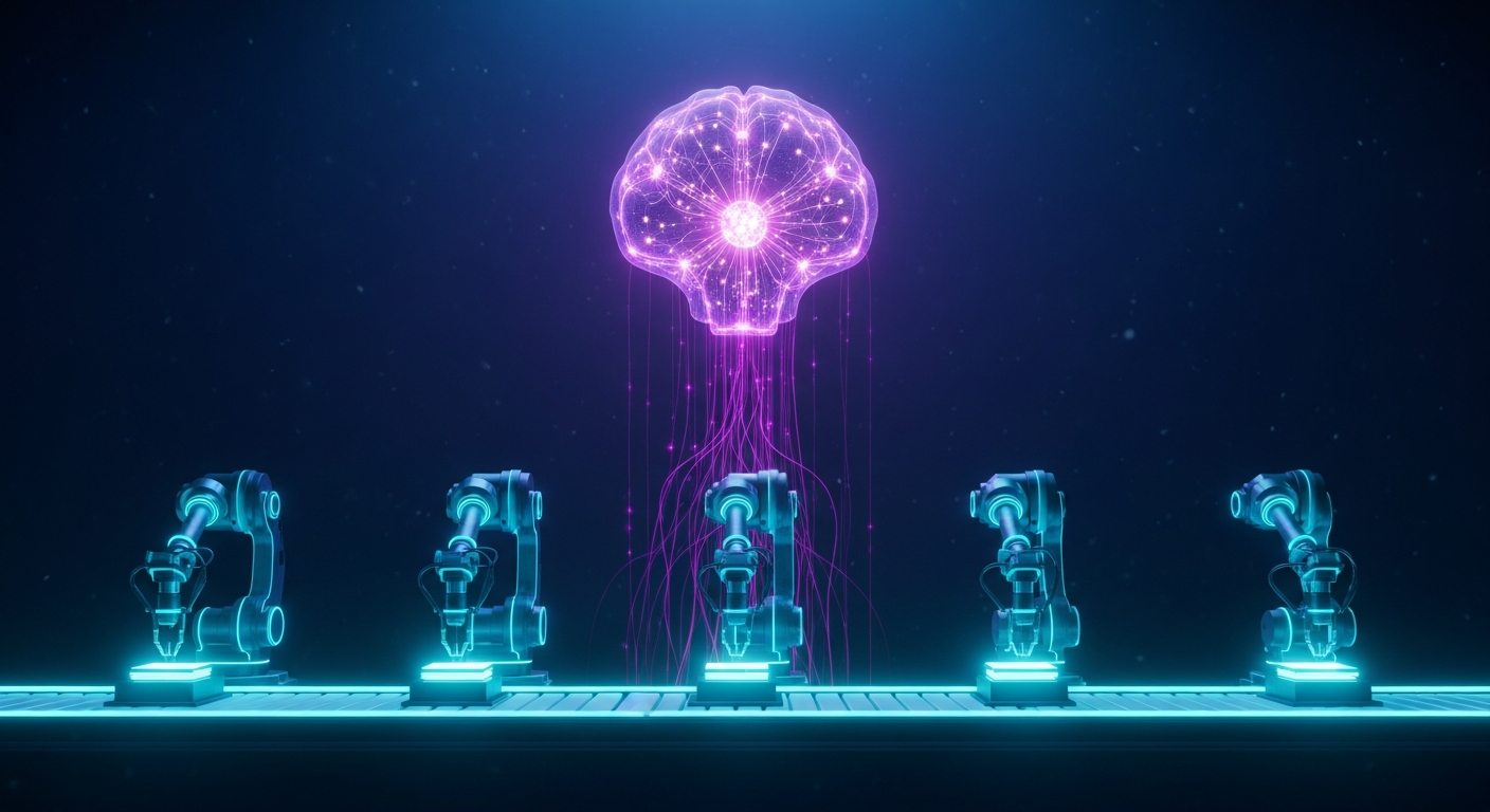 AI automation (linear cyan workflow) vs AI agents (branching purple reasoning tree) — side-by-side abstract visualization on a cosmic dark background