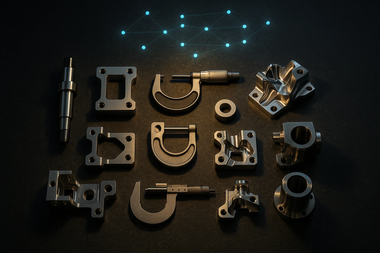 Overhead view of a granite quality-control surface plate covered in precision-machined aerospace components with cyan AI-shortlist data floating above